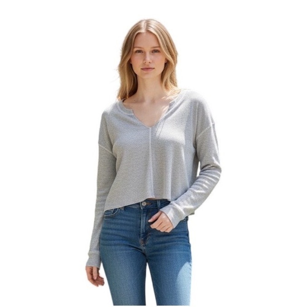 BP Nordstrom Womens Grey Waffle Knit Notched V-Neck Cropped Thermal Top M